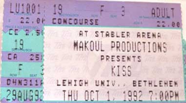 Ticket from Bethlehem (Allentown), PA, USA 01 October 1992 show