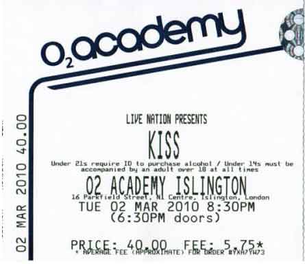 Ticket from London, England 02 March 2010 show