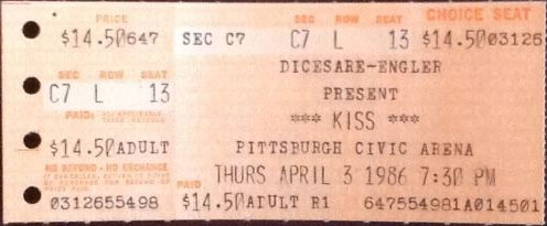 Ticket from Pittsburgh, PA, USA 12 April 1986 show (showing original date of 03 April 1986 before reschedule)