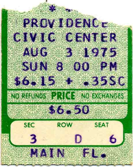 Ticket from Providence, RI, USA 03 August 1975 show
