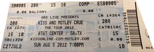 Ticket from San Antonio, TX, USA 05 August 2012 show