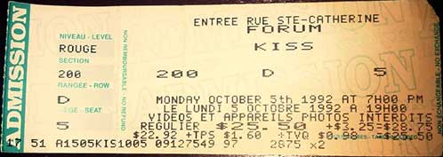 Ticket from Montreal, Canada 05 October1992 show