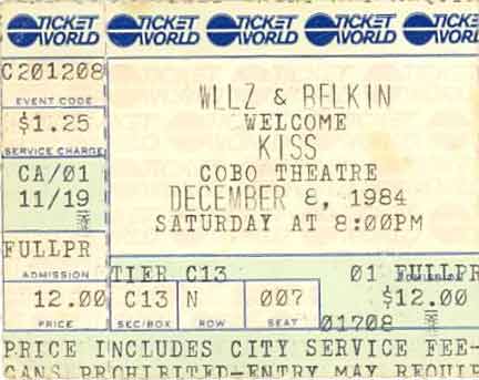 Ticket from Detroit, MI, USA 08 December 1984 show