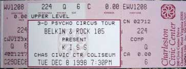 Ticket from Charleston, WV, USA 08 December 1998 show