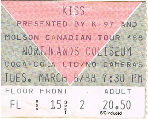 Ticket from Edmonton, Canada 08 March 1988 show