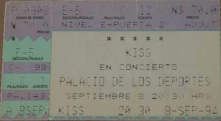 Ticket from Mexico City, Mexico 08 September 1994 show