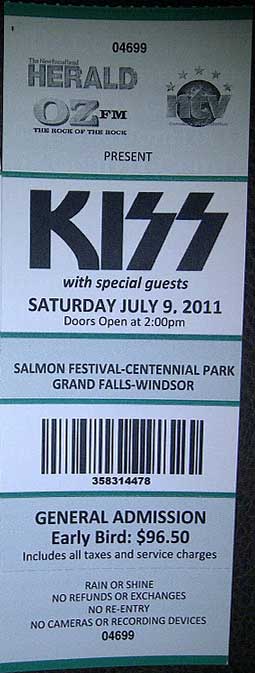 Ticket from Grand Falls, Canada 09 July 2011 show