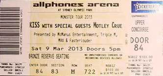 Ticket from 09 March 2013 show Sydney, Australia