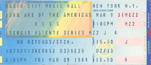 Ticket from New York, NY, USA 09 March 1984 show
