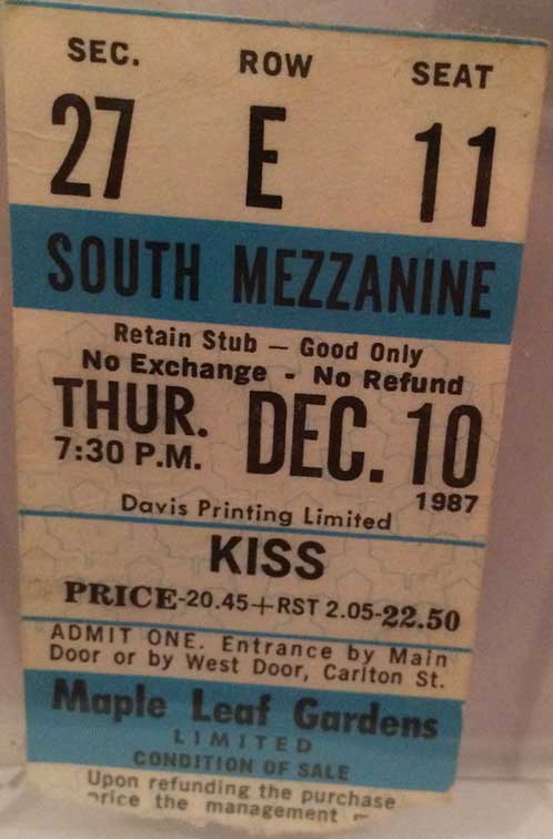 Ticket from Toronto, Canada 10 December 1987 show