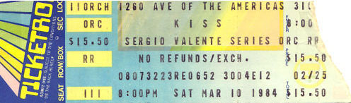 Ticket from New York, NY, USA 10 March 1984 show