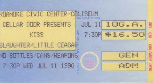 Ticket from Roanoke, VA, USA 11 July 1990 show