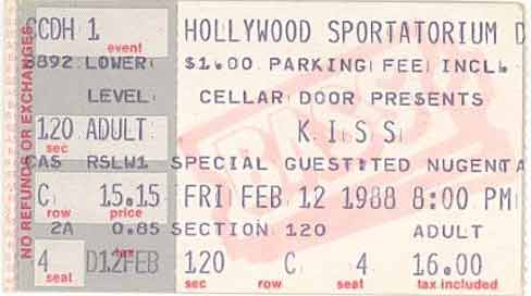 Ticket from Pembroke Pines (Hollywood), FL, USA 12 February 1988 show