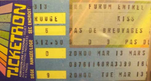 Ticket from Montreal, Canada 13 March 1984 show