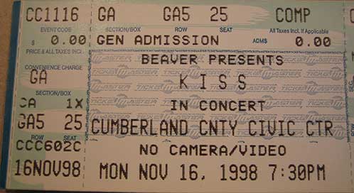 Ticket from Portland, ME, USA 16 November 1998 show