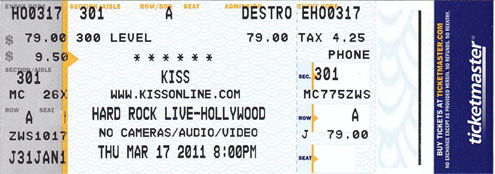 Ticket from Hollywood, FL, USA 17 March 2011 show