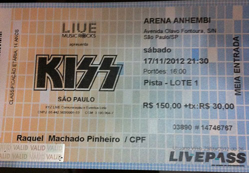 Ticket from 17 November 2012 show Sao Paulo, Brazil
