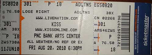 Ticket from Holmdel, NJ, USA 20 August 2010 show