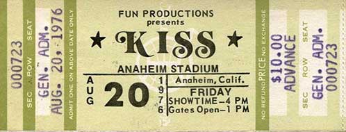 Ticket from Anaheim, CA, USA 20 August 1976 show