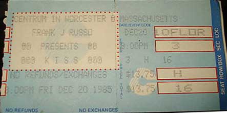 Ticket from Worcester, MA, USA 20 December 1985 show