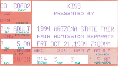 Ticket from Phoenix, AZ, USA 21 October 1994 show