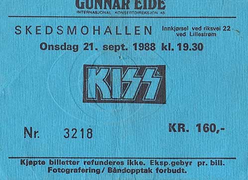 Ticket from Skedsmohallen, Lillestrom, Norway 21 September 1988 show