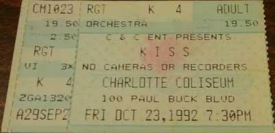 Ticket from Charlotte, NC, USA 23 October 1992 show