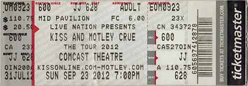 Ticket from 23 September 2012 show Hartford, CT, USA