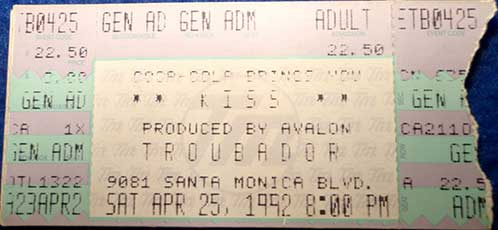 Ticket from West Hollywood, CA, USA 25 April 1992
