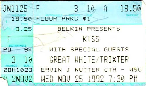 Ticket from Dayton, OH, USA 25 November 1992 show