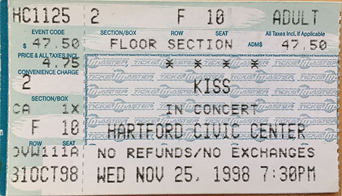 Ticket from Hartford, CT, USA 25 November 1998 show