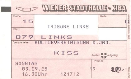 Ticket from Wien (Vienna), Austria 08 November 1983 show (originally scheduled for 25 September 1983)