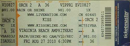 Ticket from Virginia Beach, VA, USA 27 August 2010 show