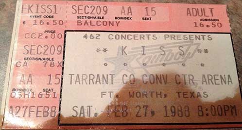 Ticket from Fort Worth, TX, USA 27 February 1988 show 