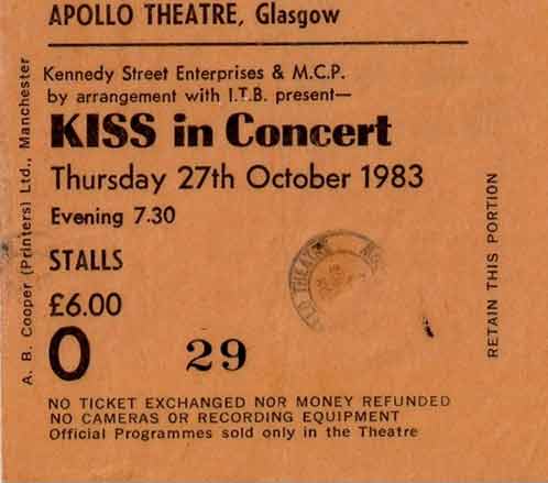 Ticket from Glasgow, Scotland 27 October 1983 show