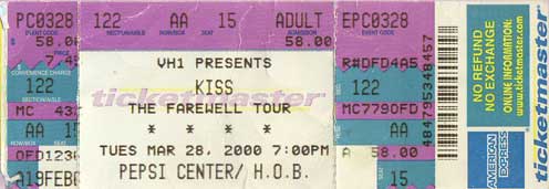 Ticket from Denver, CO, USA 28 March 2000 show