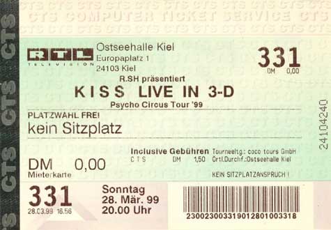 Ticket from Kiel, Germany 28 March 1999 show