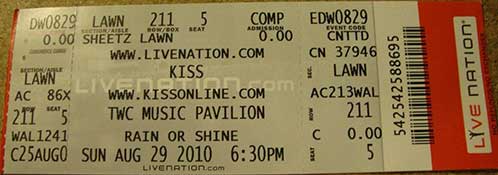 Ticket from Raleigh, NC, USA 29 August 2010 show