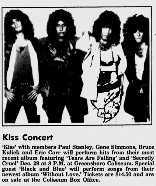 Advert from Greensboro, NC, USA 29 December 1985 show