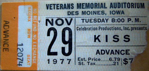 Ticket from Des Moines, IA, USA 29 November 1977 show