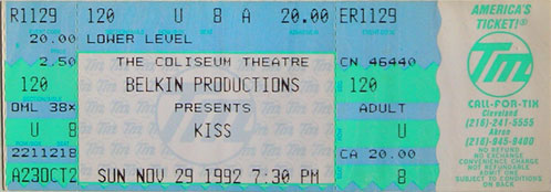 Ticket from 29 November 1992 show Cleveland, OH, USA