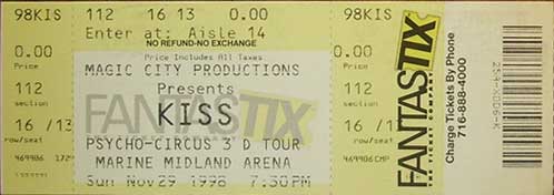 Ticket from Buffalo, NY, USA 29 November 1998 show