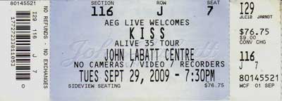 Ticket from London, Canada 29 September 2009 show