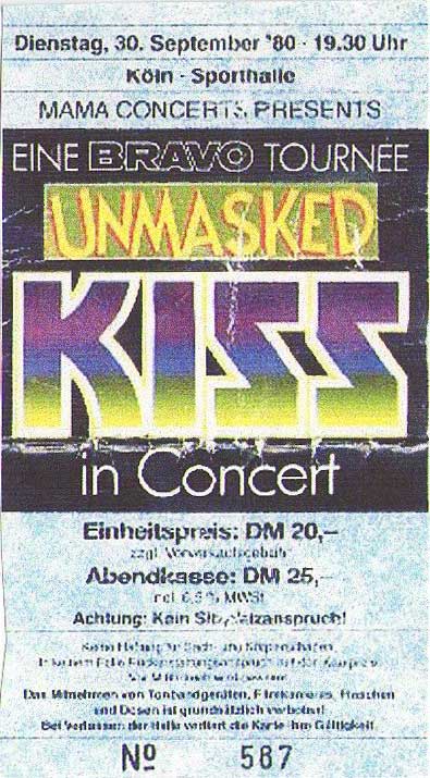 Ticket from Koln, West Germany 30 September 1980 show