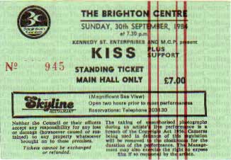 Ticket from Brighton, England 30 September 1984 show