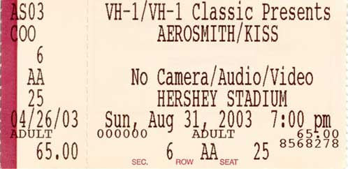 Ticket from Hershey, PA, USA 31 August 2003 show