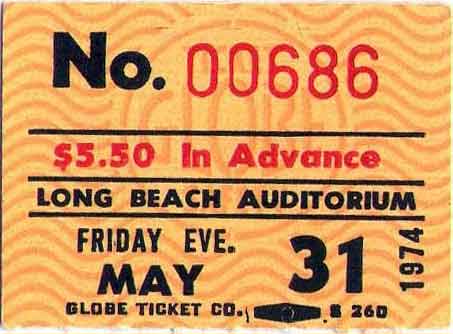 Ticket from Long Beach, CA, USA 31 July 1974 show