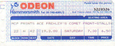 Ticket from Ace Frehley London, England 19 March 1988 show