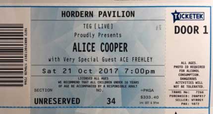 Ticket from Ace Frehley Sydney, Australia 21 October 2017 show