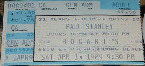 Ticket from Paul Stanley Long Beach, CA, USA 01 April 1989 show